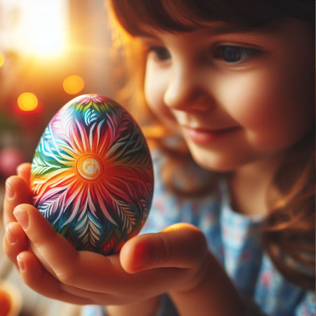 childâs hand holding the neon Easter eggの素材
