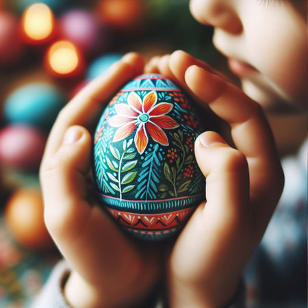 childâs hand holding the neon Easter eggの素材
