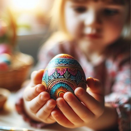 childâs hand holding the neon Easter eggの素材