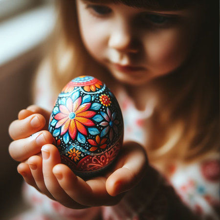 childâs hand holding the neon Easter eggの素材
