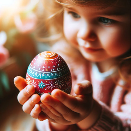 childâs hand holding the neon Easter eggの素材