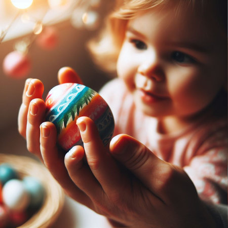 childâs hand holding the neon Easter eggの素材