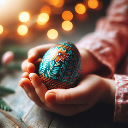 childâs hand holding the neon Easter eggの素材