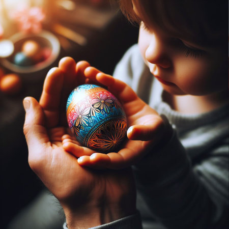 childâs hand holding the neon Easter eggの素材