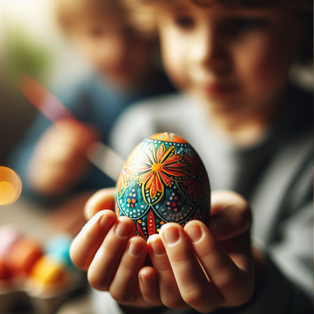childâs hand holding the neon Easter eggの素材