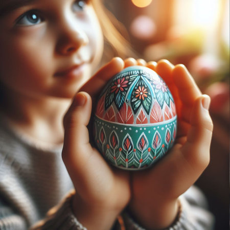 childâs hand holding the neon Easter eggの素材