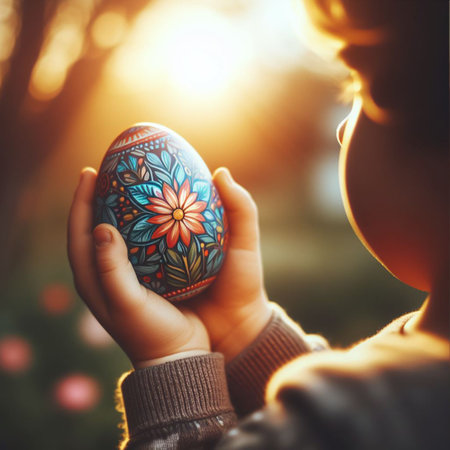 childâs hand holding the neon Easter eggの素材