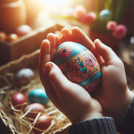 childâs hand holding the neon Easter eggの素材