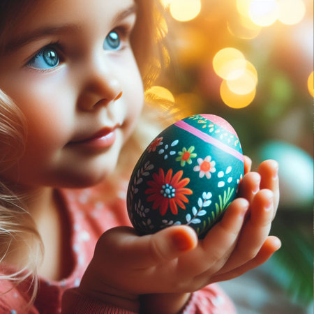 childâs hand holding the neon Easter eggの素材