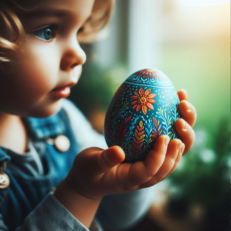childâs hand holding the neon Easter eggの素材