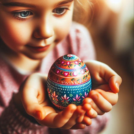 childâs hand holding the neon Easter eggの素材