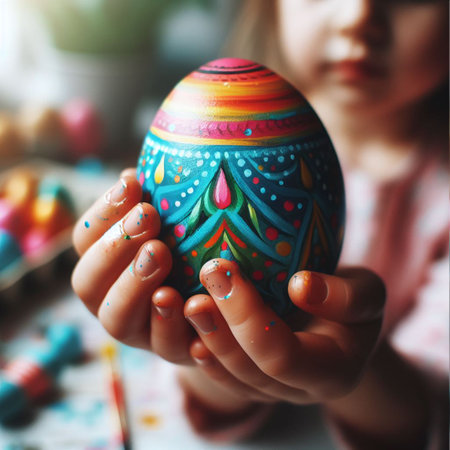 childâs hand holding the neon Easter eggの素材