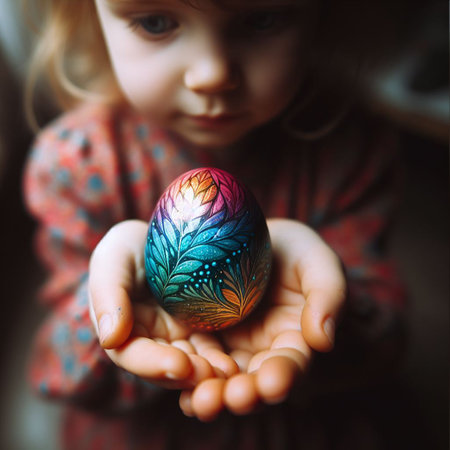 childâs hand holding the neon Easter eggの素材