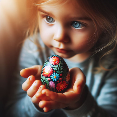 childâs hand holding the neon Easter eggの素材
