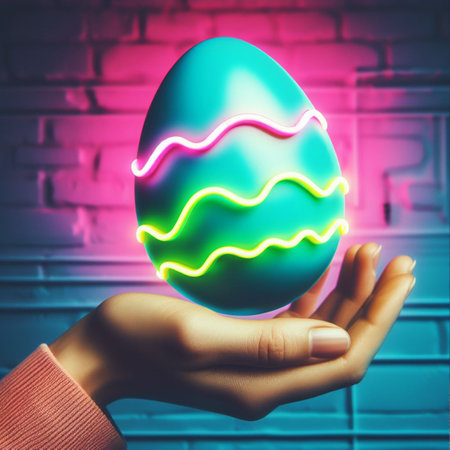 a neon Easter egg being held or tossed in the airの素材
