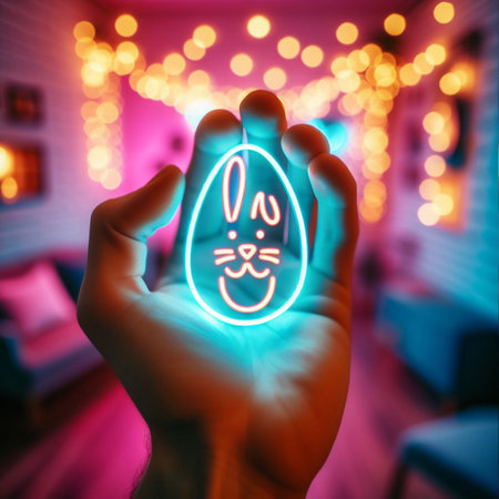 a neon Easter egg being held or tossed in the airの素材