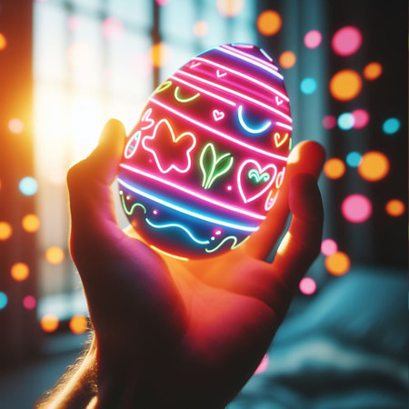 a neon Easter egg being held or tossed in the airの素材