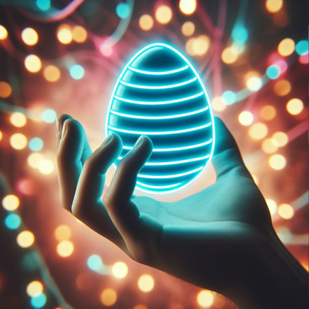 a neon Easter egg being held or tossed in the airの素材