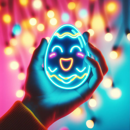 a neon Easter egg being held or tossed in the airの素材