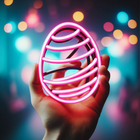 a neon Easter egg being held or tossed in the airの素材