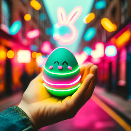 a neon Easter egg being held or tossed in the airの素材
