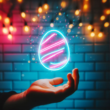 a neon Easter egg being held or tossed in the airの素材