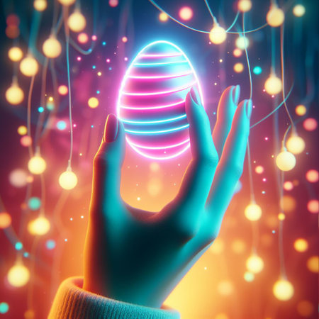 a neon Easter egg being held or tossed in the airの素材