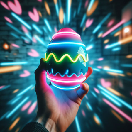 a neon Easter egg being held or tossed in the airの素材