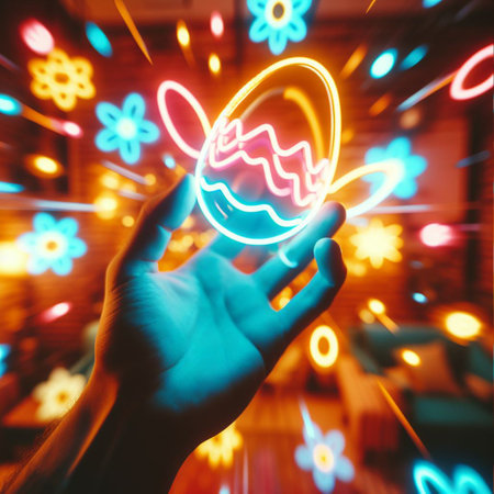 a neon Easter egg being held or tossed in the airの素材