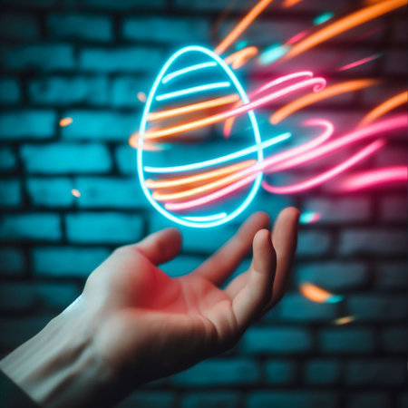 a neon Easter egg being held or tossed in the airの素材