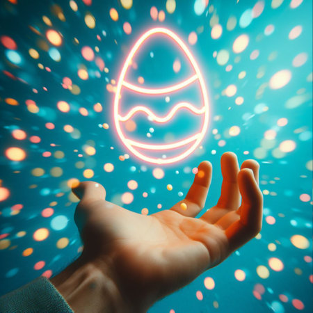 a neon Easter egg being held or tossed in the airの素材
