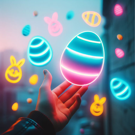 a neon Easter egg being held or tossed in the airの素材
