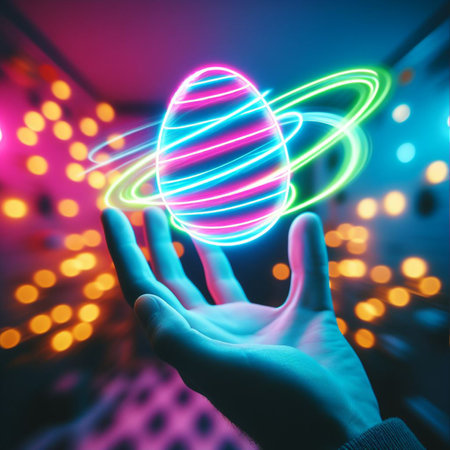 a neon Easter egg being held or tossed in the airの素材