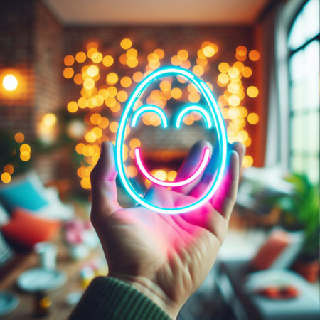 a neon Easter egg being held or tossed in the airの素材