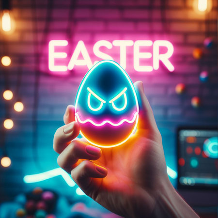 a neon Easter egg being held or tossed in the airの素材