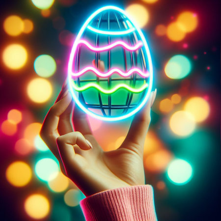 a neon Easter egg being held or tossed in the airの素材