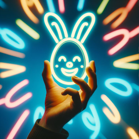 a neon Easter egg being held or tossed in the airの素材