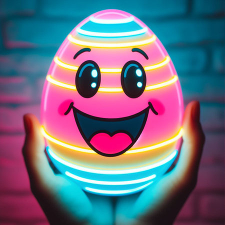 a neon Easter egg being held or tossed in the airの素材