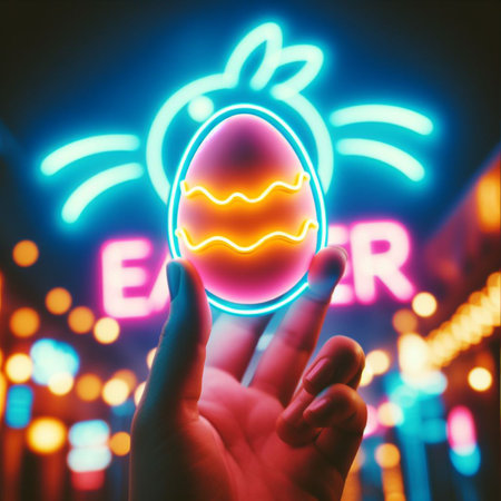 a neon Easter egg being held or tossed in the airの素材