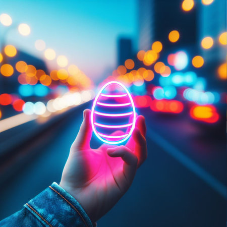 a neon Easter egg being held or tossed in the airの素材