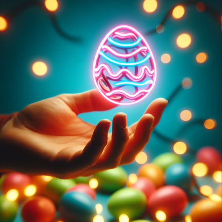 a neon Easter egg being held or tossed in the airの素材