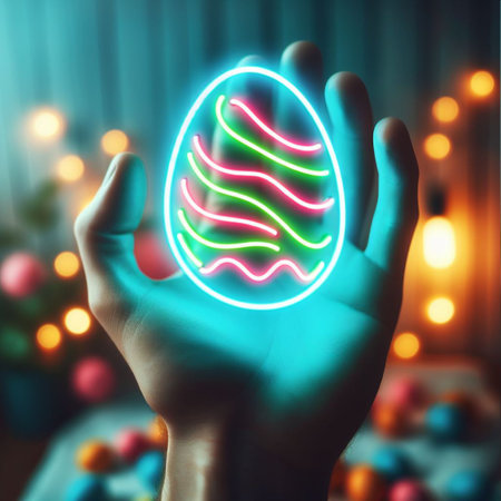 a neon Easter egg being held or tossed in the airの素材
