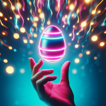 a neon Easter egg being held or tossed in the airの素材