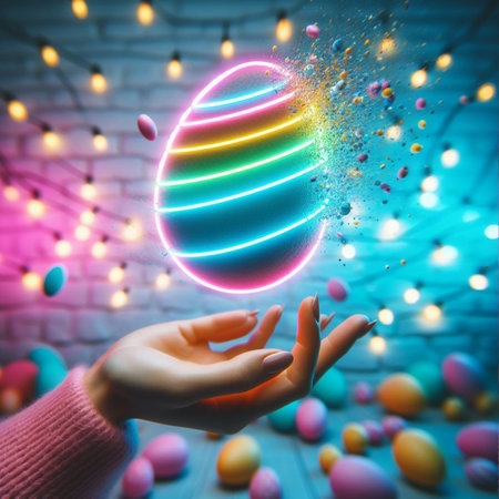 a neon Easter egg being held or tossed in the airの素材