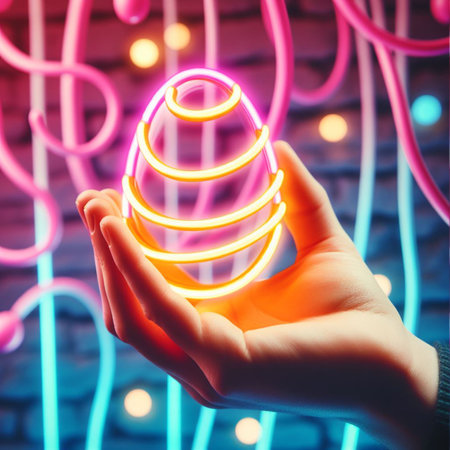 a neon Easter egg being held or tossed in the airの素材