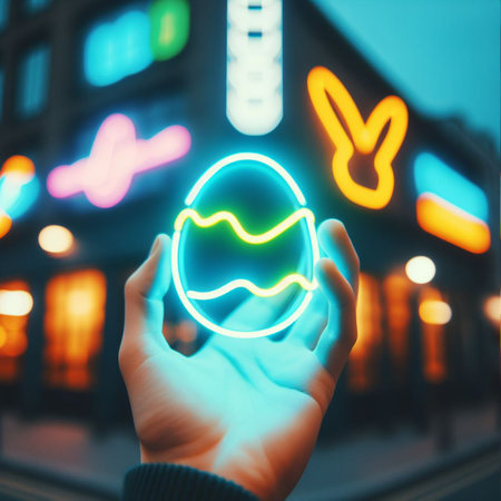 a neon Easter egg being held or tossed in the airの素材