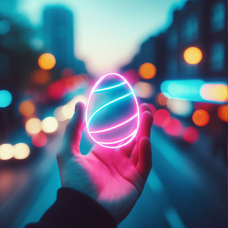 a neon Easter egg being held or tossed in the airの素材