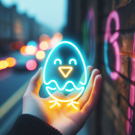 a neon Easter egg being held or tossed in the airの素材