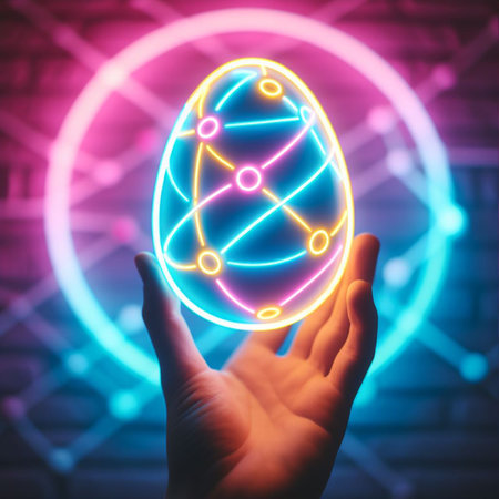 a neon Easter egg being held or tossed in the airの素材