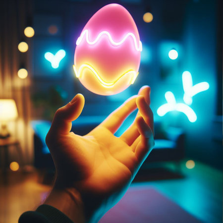 a neon Easter egg being held or tossed in the airの素材